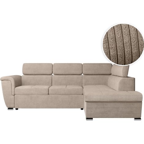 Loungitude – Canapé d'angle convertible 4 places avec coffre en velours côtelé – Angle droit – Têtières réglables – Taupe (1/5)