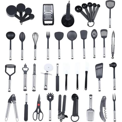 Senderpick – Lot de 40 ustensiles de cuisine en silicone noir – Matériau nylon non toxique – Poignée acier inoxydable – Design suspendu peu encombrant
