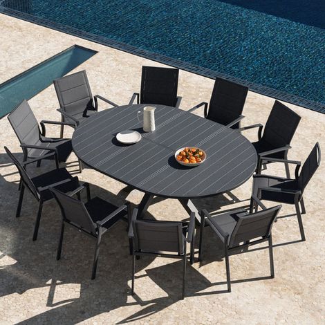 Set de mesa 145-200x145 cm extensible Barces y 10 sillas de jardín apilables con reposabrazos en aluminio Karena SKLUM       