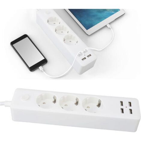 European Power Strip 3 Outlets 2200W 4 USB Ports 5.9ft Cord Universal Power Strip with Switch for Home, Travel and Office--Trimec (1/5)