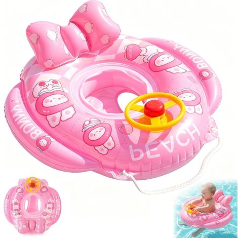 Bouée bébé gonflable avec siège sécurité et volant, anneau piscine enfant motif lapin rose anti-basculement 0-5 ans (1/5)