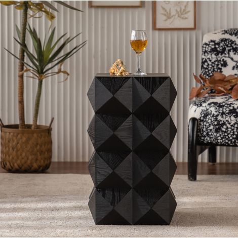 Table d’appoint en bois massif et MDF noir 60 cm style rétro relief (1/5)