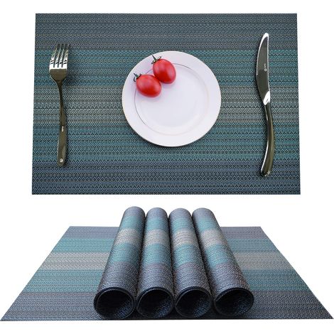 [French Days]Lot de 4 sets de table en PVC, antidérapants et lavables, résistants à la chaleur et aux salissures, Fibres synthétiques, Gris/bleu, 4 (1/5)