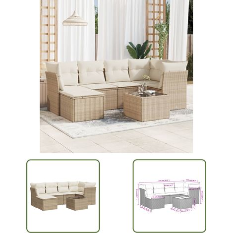 The Living Store 7-tlg. Garten-Sofagarnitur mit Kissen Beige Poly Rattan - Gartenmöbel Set - PE-Rattan Möbel - Outdoor Sofa - Esstisch Set - Lounge Garnitur (1/3)