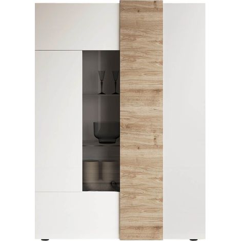 VESUVIO BLANC - Vitrine 2 Portes Laqué Blanc et Aspect Bois Finition Cadiz