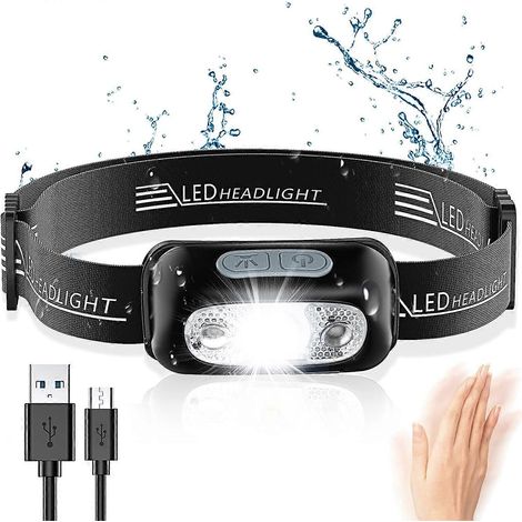 Lampe frontale Glangeh, lampe frontale LED puissante avec détecteur de mouvement, étanche IPX6, 4 modes d'éclairage, lampe frontale professionnelle rechargeable par USB pour le camping et la randonnée (1/5)