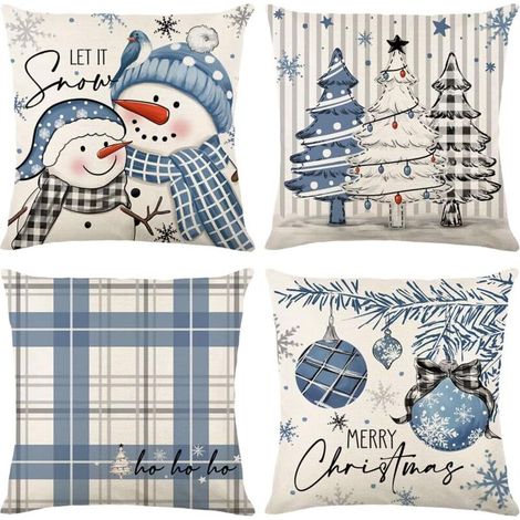 Taies d'oreiller bleues de Noël - Motif bonhomme de neige et sapin de Noël, fermeture éclair invisible - 45 × 45 cm, lot de 4 (1/5)