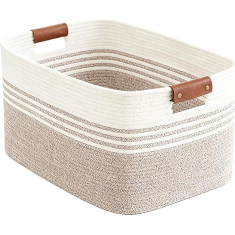 Panier à linge tressé corde de coton - 45 x 35 x 27 cm - Panier de rangement avec poignées cuir - 45 l - Pour coussins, vêtements, doudous, linge, couvertures (blanc et marron) (1/5)