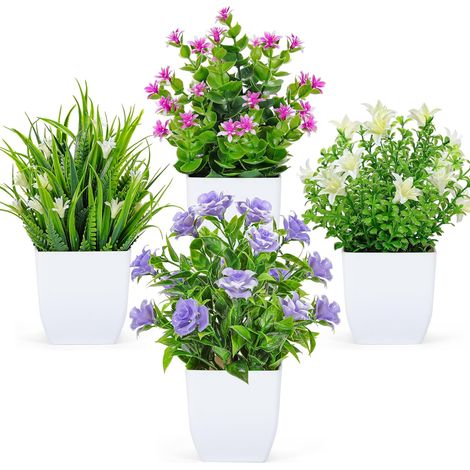 4 Pack Kleine künstliche Pflanzen mit Blumen für Tisch Deko Lebensechte Plastikpflanzen mit saisonübergreifender Frische – ideal für Badezimmer, Büro, Küche und Farmhouse-Dekoration (1/5)