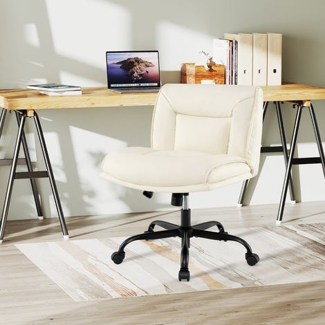 Chaise de Bureau avec Roues Sans Accoudoirs en Cuir Artificiel avec Dossier Hauteur Réglable Vérin à Gaz Chaise Tournante à 360° Beige (1/2)