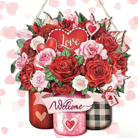 New Valentine's Day Wooden Hanging Ornament with Rose and Heart Design - 28x26cm (Farmhouse/Family Welcome Sign)