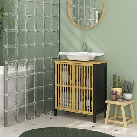 Badezimmerschrank mit zwei Lamellentüren, Bambus und MDF, U-förmiger Rohrausschnitt, 60 x 30 x 70 cm, Schwarz