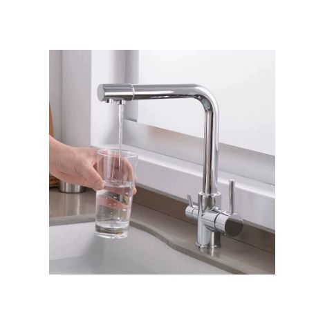 robinet de cuisine trois en un couleur chrome mélangeur eau chaude froide et eau filtrée robinet double usage pour évier de cuisine avec tuyaux d'alimentation eau chaude et froide de 60 cm (1/5)