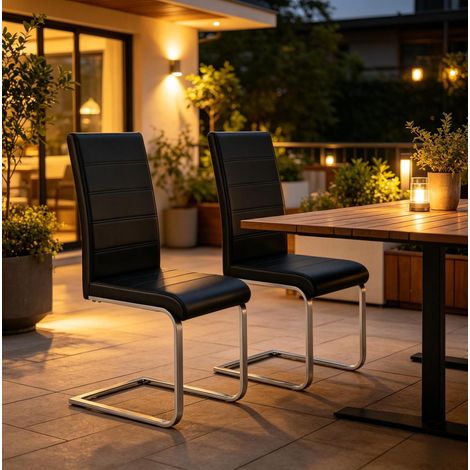 OKWISH 2er-Set Freischwinger-Esszimmerstühle mit hoher Rückenlehne aus PU und schwarzem Metall (1/5)