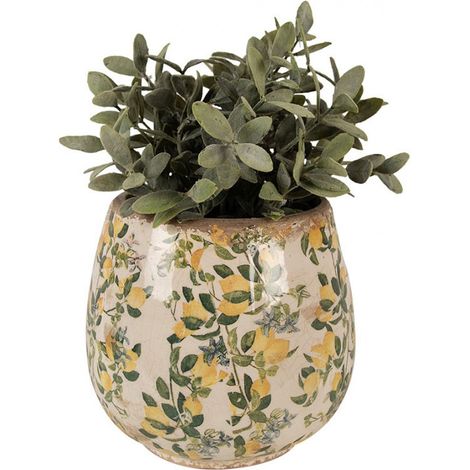Pot de fleurs d'intérieur beige jaune céramique motifs citrons 8x17cm (1/2)