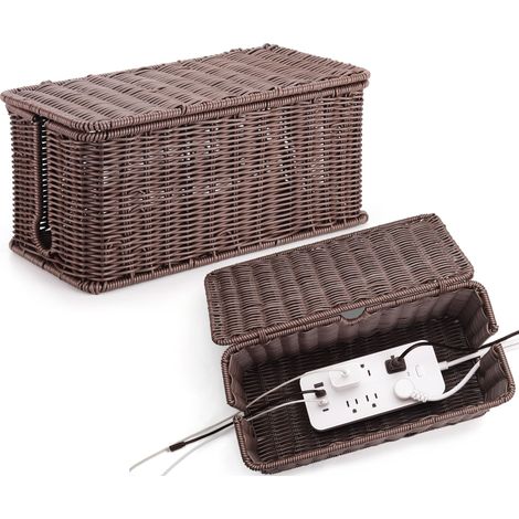 Grande boîte de rangement de câbles, boîte de rangement de cordons en imitation rotin tissé à la main pour cacher les cordons et les multiprises, marron foncé (1/5)