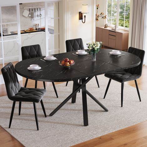 Ensemble table et chaises de salle à manger 5 pièces, table ronde extensible 100 à 140 cm en MDF effet marbre, 4 chaises en velours noir, avec structure métal CHICFURN (1/5)