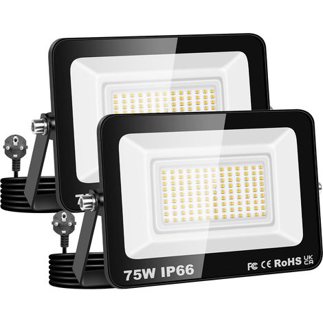 2 Pack Projecteur d'extérieur 75W,Sécurité projecteur 7500lm avec prise 230V,IP66 étanchéité lampe de travail extérieure, 4000K éclairage extérieur blanc chaudpour cour patio parking jardin (1/5)