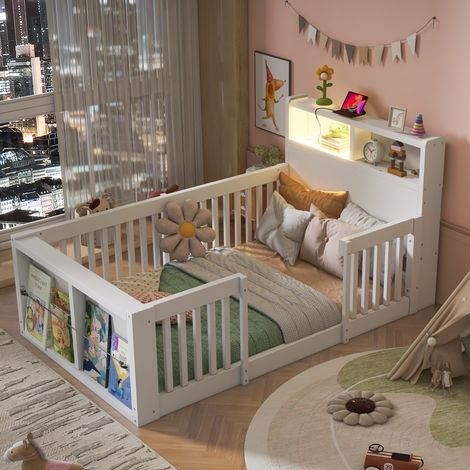 Letto per bambini 90x190 cm, sponde alte di sicurezza, porta USB e luce notturna, vano contenitore, legno bianco (1/5)
