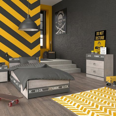 Chambre lit 90x200 avec tiroirs + 1 chevet + 1 commode aspect bois grisé - ZIGGY (1/5)