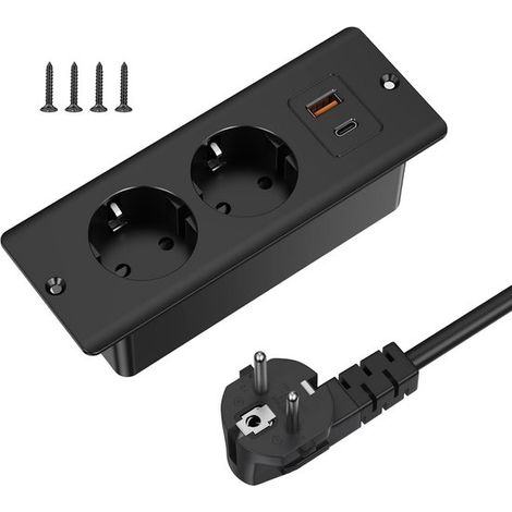 Enchufe de sobremesa Stellar - 1 puerto USB y 1 puerto Tipo C - Regleta de enchufes empotrable - Cable de 2 m - Enchufe doble (1/5)