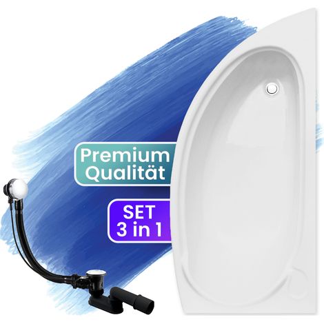 Badewanne Eckbadewanne 150x70 Rechts, Ablaufgarnitur & Füßen GRATIS - Komplettset 3in1 Original Acryl Wanne Premium Siphon - Made in EU - BADLAND MINI (1/4)
