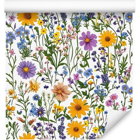 Papier peint Fleurs sauvages Gris clair et citron vert pour salon et chambre 50x1000 (1/5)