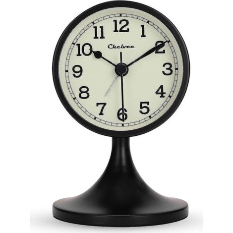 Lautloser analoger Wecker aus schwarzem Metall mit abnehmbarem Ständer, antiker Retro-Stil, kein Ticken. (1/4)