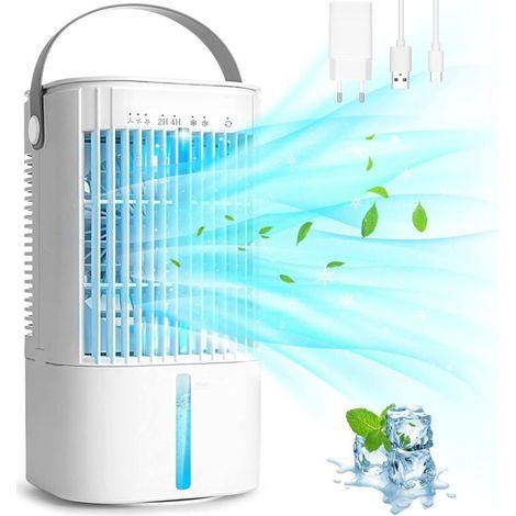 Tragbare Klimaanlage, leise mobile Klimaanlage, Luftkühler mit 900-ml-Wassertank, 3 Geschwindigkeitsstufen, 7 LED-Leuchten, 2 Sprühmodi, 2/4-Stunden-Timer, für Zuhause und Büro (1/5)