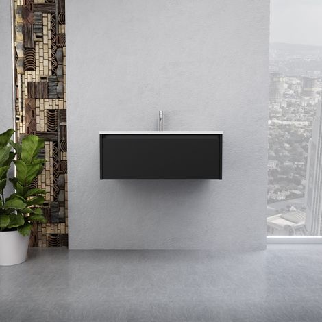 Inda - Badezimmerschrank 1 Schublade B.80 mit glänzendem Waschbecken / Mattschwarz - Smeraldo