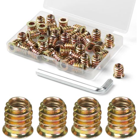 Insert Fileté Bois M6 x 15mm, 40 Pièces Insert à Vis, Écrous à Visser, Inserts D'écrou Borgne Ecrou Hexagonal, Douille Filetée Visser Metal Zinc Intérieur Manchons, pour Meubles en Bois (1/5)
