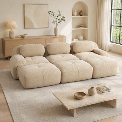 Sofá modular de 3 plazas en tejido efecto terciopelo acanalado beige sin montaje OKWISH (1/5)