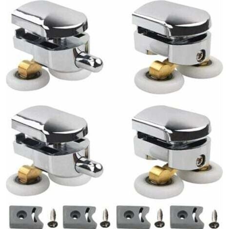 Ensemble de 4 roulettes doubles pour paroi de douche coulissante, 2 roues de 23 mm de diamètre, en alliage de zinc, pour salle de bain, avec bloc anti-collision et fixations. (1/4)
