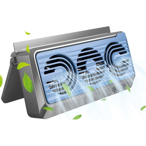Ventilador solar para ventanilla de coche, giratorio 180°, con tres salidas de aire, color negro-azul. (1/5)