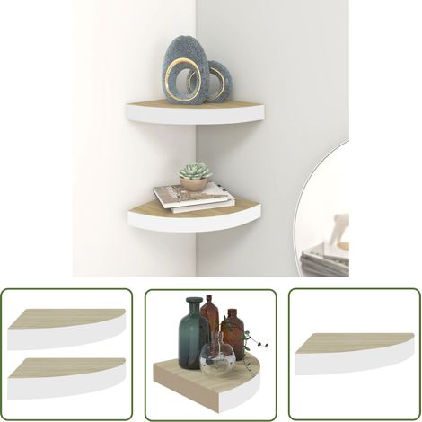 The Living Store Étagères d'angle murales 2 pcs Chêne et blanc 35x35x3,8 cm MDF - Etagere Murale - Étagère D'angle - Rangement Mural - Décoration Murale - Meuble Déco (1/5)