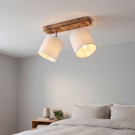 Spot Lampe Metall Stoff verstellbar geflammtes Holz Creme E27 2-flammig länglich Modern Strahler