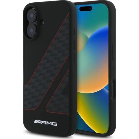 Funda rígida AMG AMHMP16S2SCFR para iPhone 16 de 6,1 pulgadas, color negro/negro, con estampado de bandera a cuadros y MagSafe. (1/5)