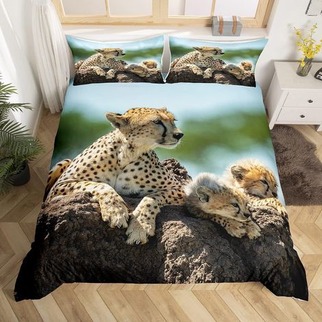 Parure de Lit Imprimé Léopard 240x260cm pour Enfants Parure Imprimé Guépard 3D Housse de Couette Animal Sauvage Housse de Couette Décor de Chambre Collection Famille Léopard 3Pcs - 240x260cm (1/5)