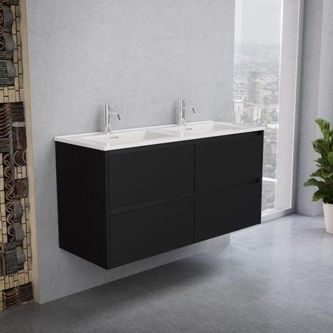 Inda - Badezimmerschrank 4 Schubladen B.120 mit Doppelwaschbecken Hochglanz/Mattschwarz - Smeraldo (1/5)