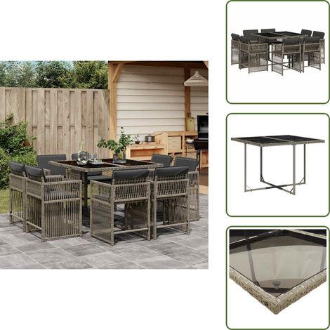 The Living Store 9-tlg. Garten-Essgruppe mit Kissen Grau Poly Rattan - Gartentisch (1/5)