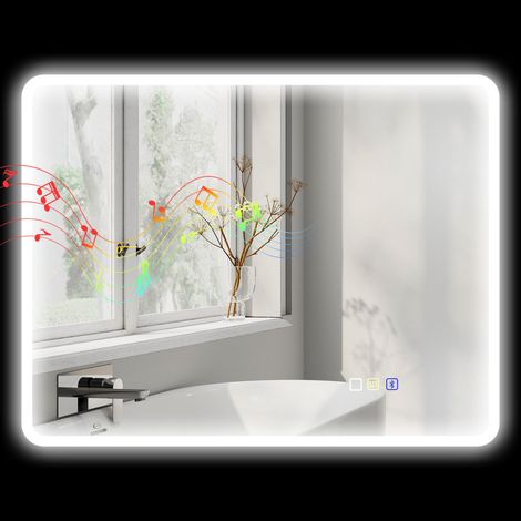 Miroir salle de bain LED bluetooth 70 x 90 cm interrupteur tactile lumière réglable 3 couleurs anti-buée mémoire argent (1/5)