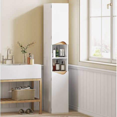 Badmöbel Hochschrank modern zweifarbig Weiß-Holzoptik, 2 Türen, 2 offene Fächer, 30 x 34,6 x 180,5 cm (1/4)
