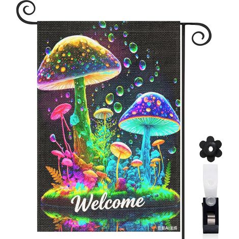 Drapeau de jardin bienvenue 30 x 45 cm motif champignons fantastiques et décor floral toile double face (1/5)