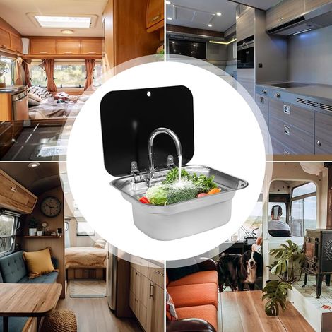 Kit d'Évier de Camping, Kit de Lavabo de Caravane, Evier Camping Car, Couvercle en Verre Trempé, Robinet 360°, Lavabo Cuisine pour Camping-Car, Caravane, Bateau (1/5)