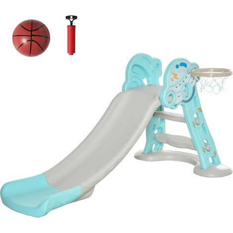 Scivolo Pieghevole Bambini 18 Mesi con 3 Scalini, Panieri e Canestro, Interno/Esterno, 140x87x75cm, Blu e Grigio (1/5)