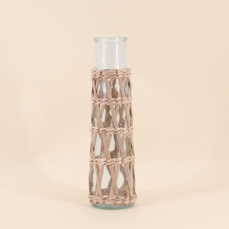 Vase rond en verre et fibres naturelles, H34cm