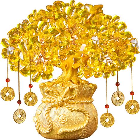 Goldener Kristall-Edelstein-Geldbaum mit Drachentopf, Citrinbaum, Glücksmünzen hängen, Bonsai-Stil-Dekoration für Tischdekoration, Zuhause