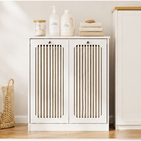 Mueble para ropa con 2 compartimentos de tela y frente de lamas 66x35x76 cm blanco (1/4)