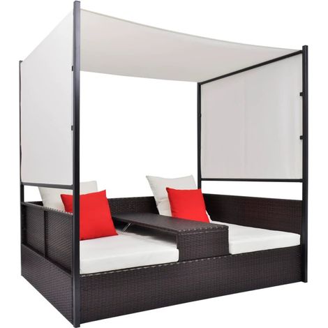 FIMEI Lit de jardin avec auvent Marron 190x130 cm Résine tressée (1/5)