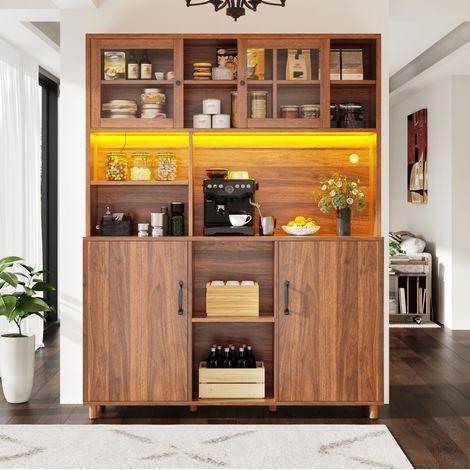 Buffet haut de cuisine 140x40x185 cm avec LED, portes coulissantes et étagères réglables, brun noyer (1/5)